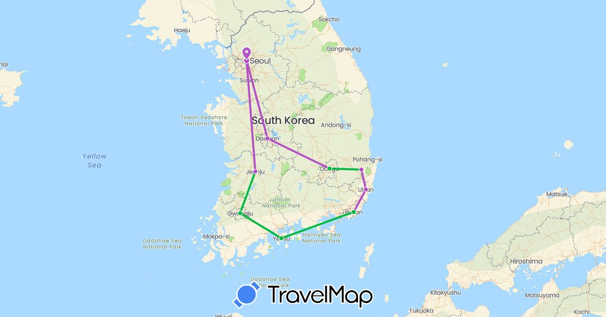 TravelMap itinerary: driving, bus, train in South Korea (Asia)